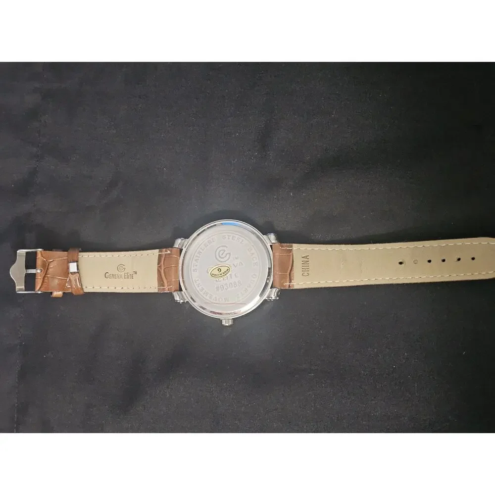 52.9mm Fashion crystal bezel Analog Quartz watch w/ brown Leather Band
